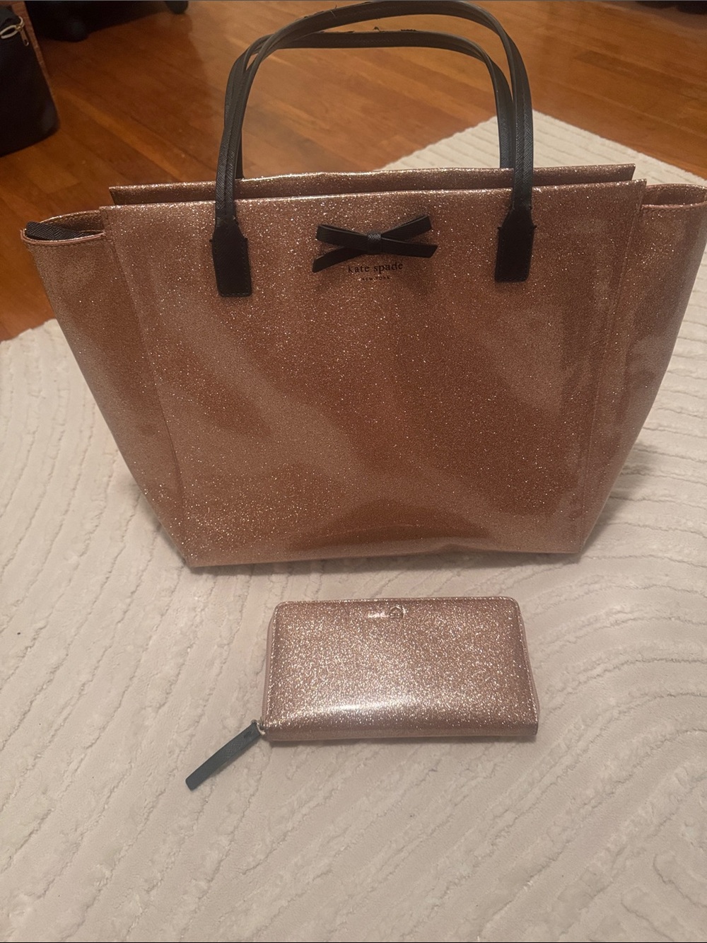 kate spade Rose Gold Glitter Tote Bag with Matching Zip Wallet